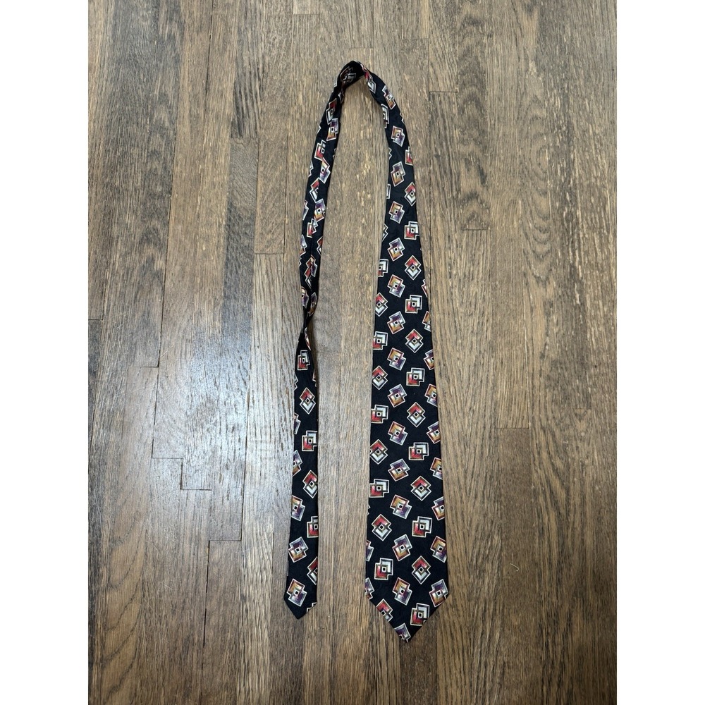 Paul Fredrick Men's 100% Silk Tie Black Geometric Abstract Square Print Necktie